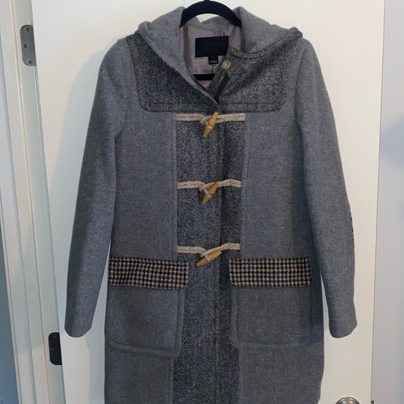 J Crew Collection Wool blend zip front Overcoat with hood and elbow patch. Sz 4 - Picture 1 of 13